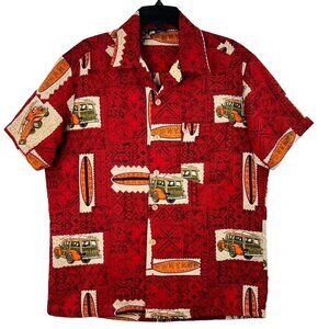 Vintage Roundy Bays Surf Hawaiian Shirt Size M Woody Print Red Beach